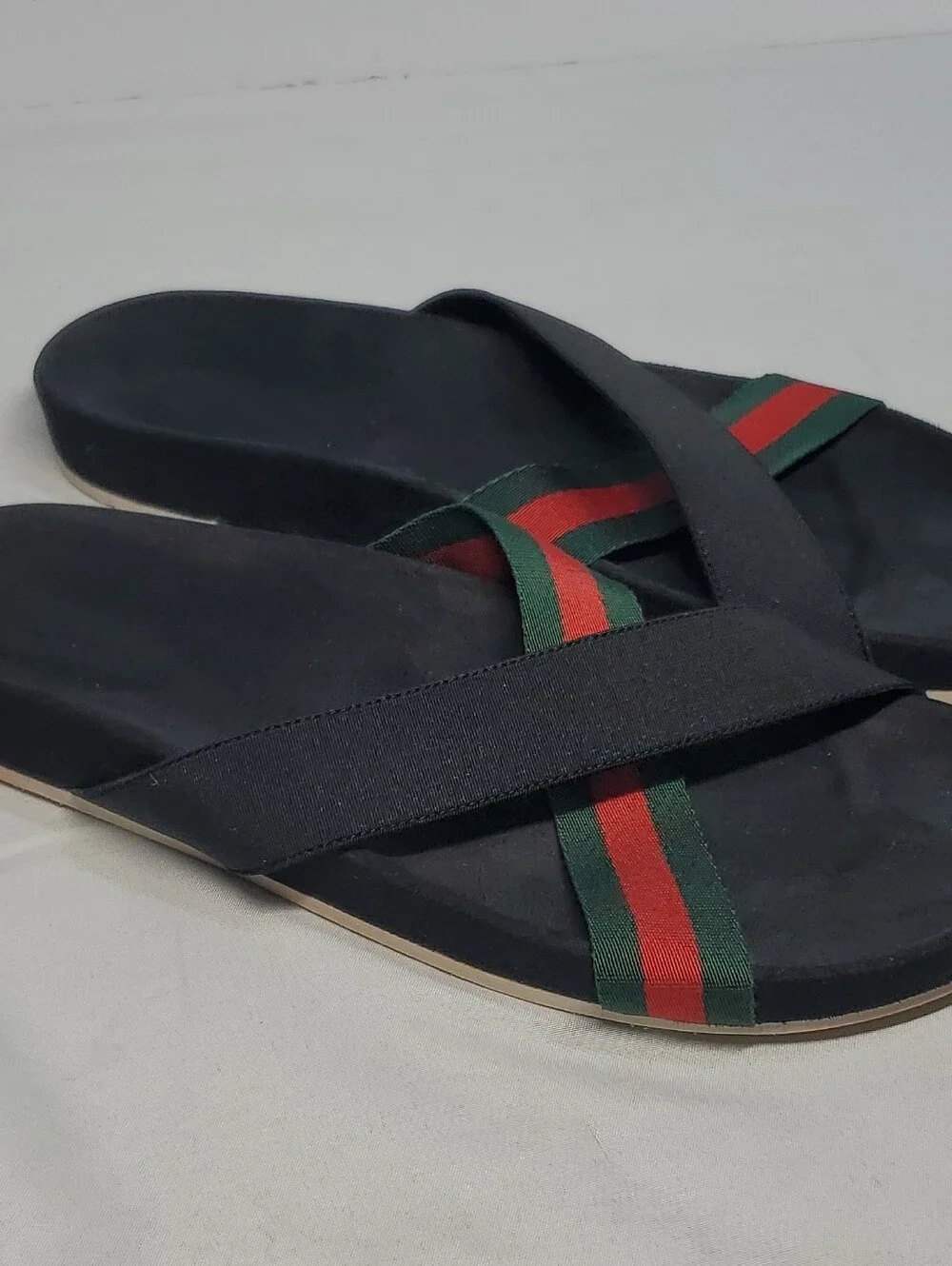 Gucci Black Web Stripe Logo Slide Sandals Slip-On Men's Size 7.5G